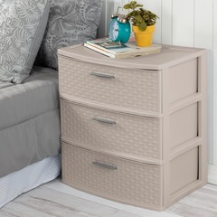 Sterilite 3 Drawer Wide Storage Tower, Plastic Weave Home Organizer, Grey Pumice