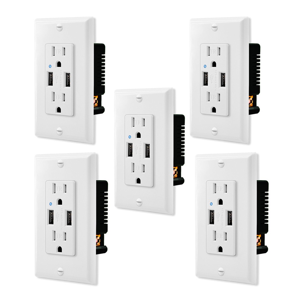 5PK Smart Technology 4.2A USB Port Tamper Resistant 15AMP Outlet Indicator Green
