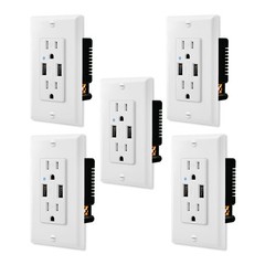 5PK Smart Technology 4.2A USB Port Tamper Resistant 15AMP Outlet Indicator Green