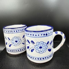 Le Souk Ceramique Tunisia Blue White Hand Painted Floral Coffee Mugs Set 2 READ
