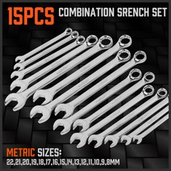 15PC Combination Spanner Wrench Ring Open Ended 8-22mm Metric 12 Point “V” Notch