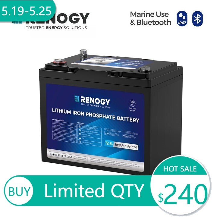Renogy 12V 100Ah Trolling Motor Lithium Iron Phosphate Battery with Bluetooth
