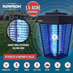 Flowtron Bug Zapper, Mosquito Zapper 1.5 Acre of Coverage, 80W Bulb, 5600V Grid