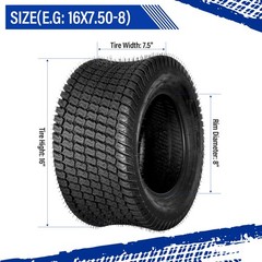 2pcs 16×7.50-8 Lawn Mower Tractor Turf Tires 4 Ply Rated 16×7.5-8 Tubeless
