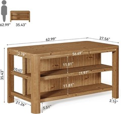 63-Inch Farmhouse Solid Wood Kitchen Island with Storage Shelves for Dining Room