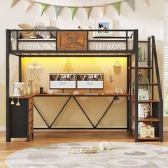 Stairway Twin Size Loft Bed with L Shaped Desk & Wardrobe, Metal Loft Bed Frame