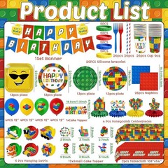 224Pcs Building Block Birthday Decorations, ALL-IN-1 Colorful Blocks Plates a…