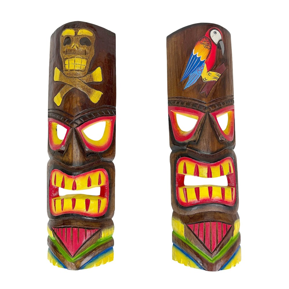 Set of 2 Tiki Wall Masks Hand Carved Wood 19.75 in Parrot Skull Decor