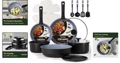 Versatile 19PC Non-Toxic Ceramic Cookware Set with Detachable Handle & Utensils