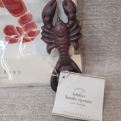Pottery Barn Lobster Feast Apron Embroidered w Lobster Bottle Opener Both NEW