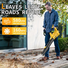 Cordless Leaf Blower 580CFM/160MPH & 6 Speed Levels Electric w/2 Batteries 4.0Ah