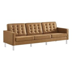 Modway Loft Tufted Upholstered Faux Leather Sofa in Silver and Tan