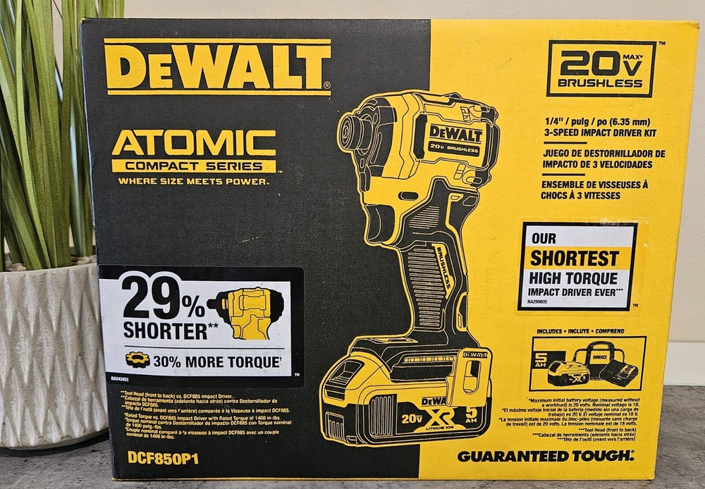 DEWALT ATOMIC 20V 1/4″ IMPACT DRIVER KIT W/ BAG, 5Ah BATTERY & CHARGER DCF850P1