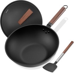 Carbon Steel Wok 13 Inch Nonstick Pre-Seasoned Flat Bottom Stir Fry Pan