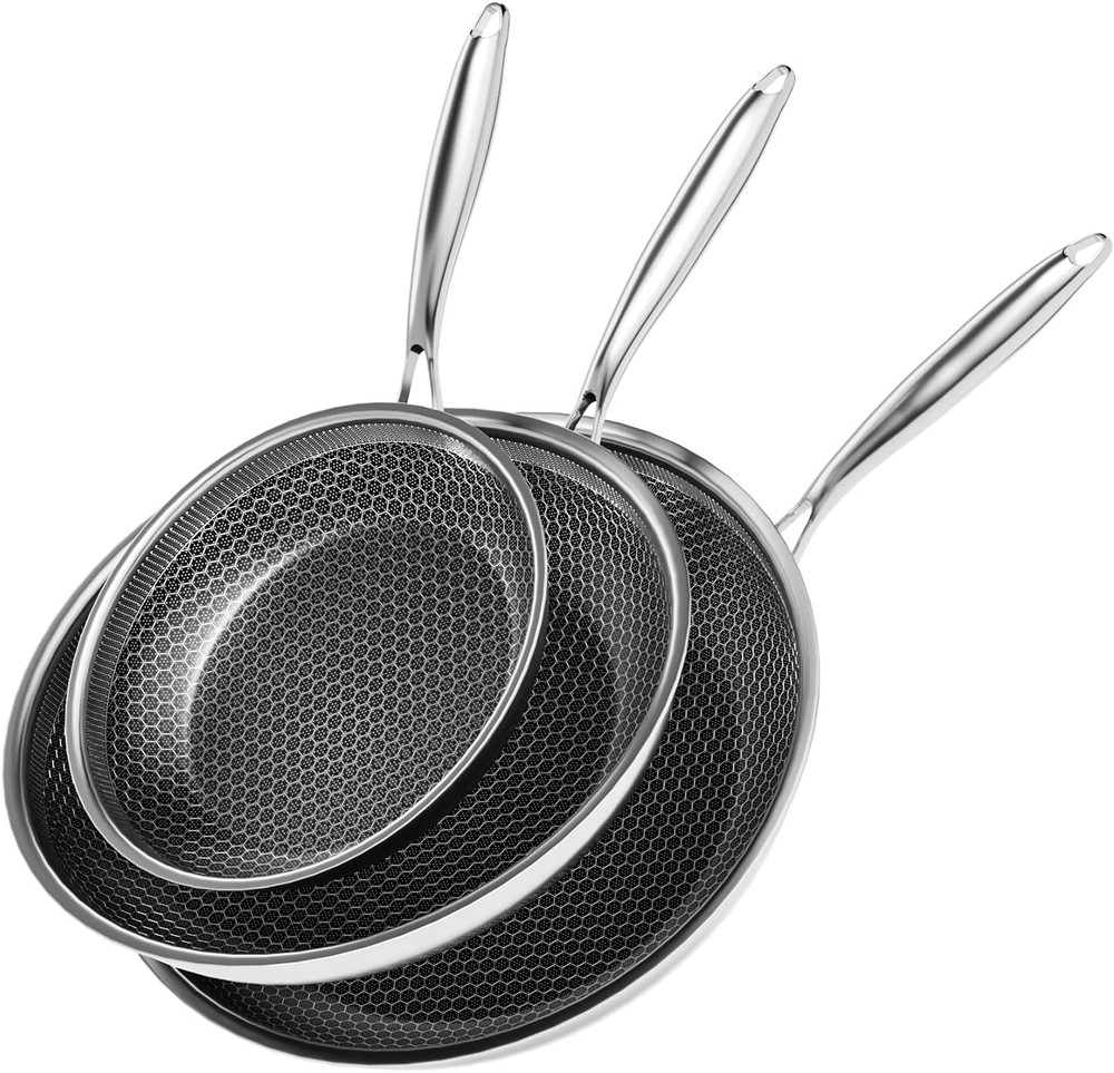 Nonstick Frying Pan Set, 8+10+12 Inch, Honeycomb Stainless Steel Skillet Pans Se