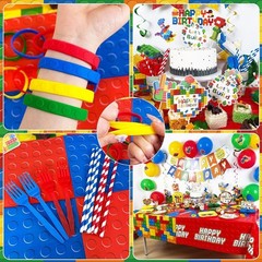 224Pcs Building Block Birthday Decorations, ALL-IN-1 Colorful Blocks Plates a…