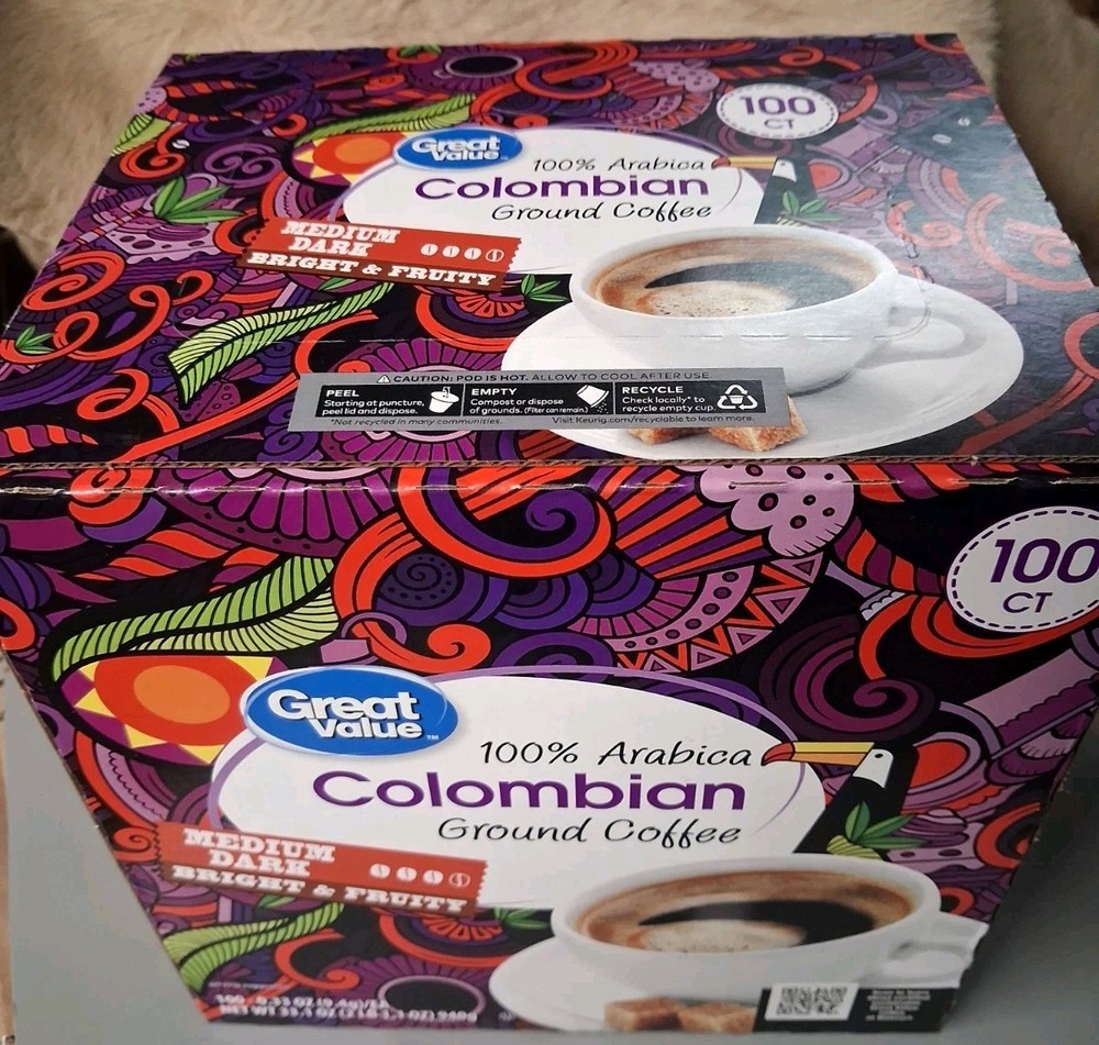 Great Value 100% Colombian Medium Dark Roast Ground Coffee Pods, 33.1 oz, 100 Ct