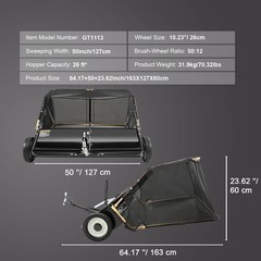 50″ Tow Behind Lawn Sweeper 26 Cu. Ft. Leaf & Grass Collector Adjustable Height