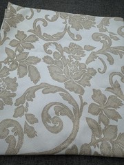 Linen Source 90” Round Tablecloth Beige & Tan w/Silver Threading Floral Jacquard