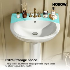 HOROW 22×19 Pedestal Sink U-Shape Ceramic Pedestal Bathroom Sink with Overflow