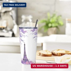 Paris Eiffel Tower Tumbler with Lid and Straw 20 oz Stainless Steel Cup Vacuum I
