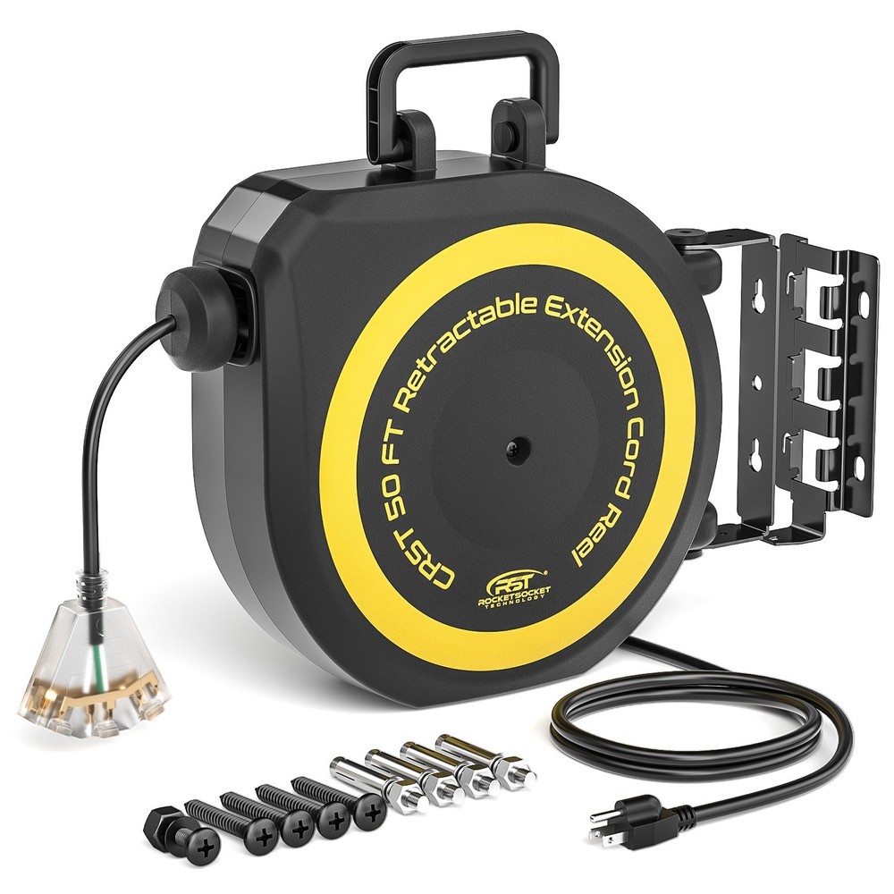 50FT Heavy Duty Retractable Extension Cord Reel, 14AWG/3C 1625W,180° Swivel
