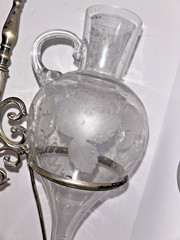 Vintage Wine Dispenser/Aerator – Etched Crystal – Iron & Silver Plate – Nice
