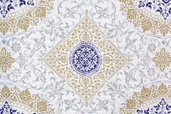 Floral Medallion Fabric Shower Curtain Geo Design Purple Golden Tan Silver White
