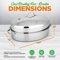 Nutrichef Oval Roasting Pan w/ Polished Rack, Wide Handle & Stainless Steel Lid,