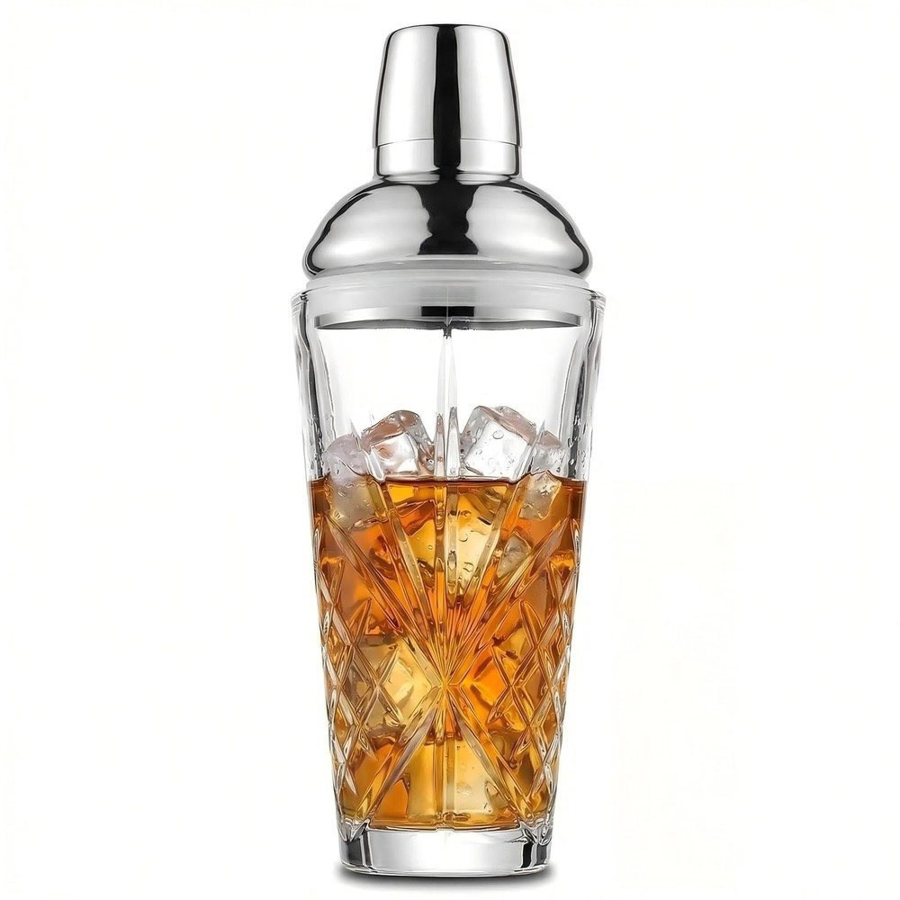 18.5oz Crystal Cut Glass Cocktail Shaker with 0.5/1/1.5oz Lid Jigger #304 Steel