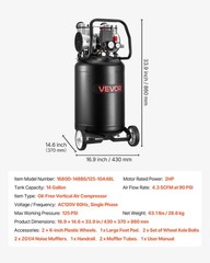 VEVOR 14-Gallon Air Compressor 2HP 4.3 SCFM at 90PSI Max 125PSI Oil-Free Tank