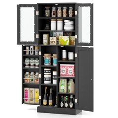63.5″ Tall Kitchen Pantry Storage Cabinet w/ Glass Door Storage Shelves Black
