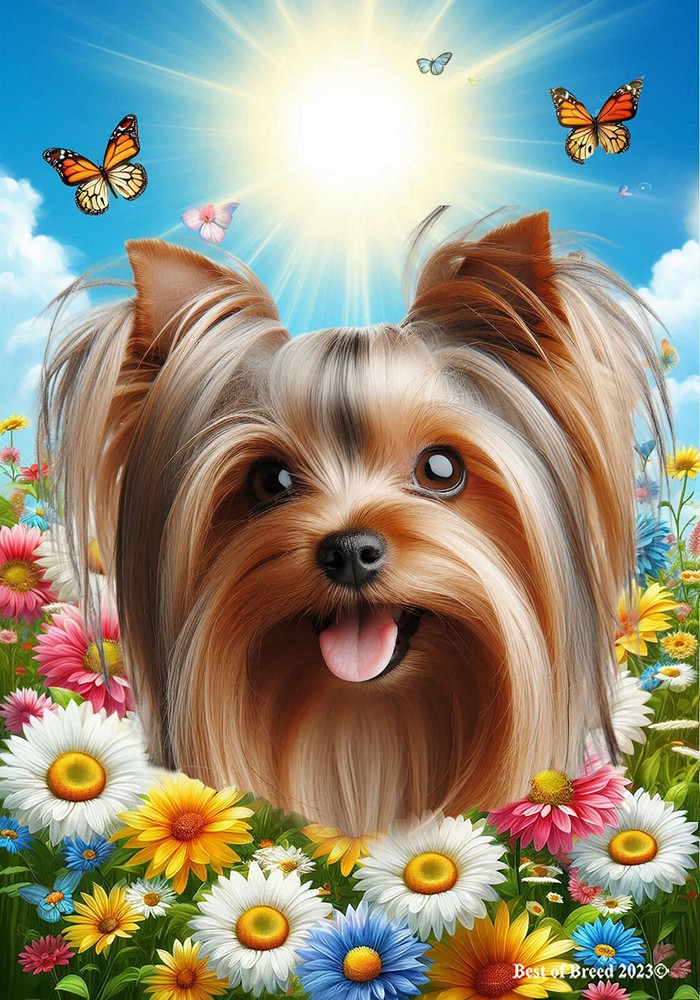 Silky Terrier Silver/Tan Summer Butterflies Flag