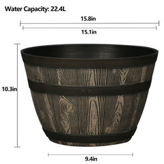 Whiskey Barrel Brown Resin Planter, 15.8in x 15.8in x 10.3in