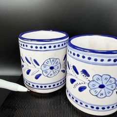 Le Souk Ceramique Tunisia Blue White Hand Painted Floral Coffee Mugs Set 2 READ