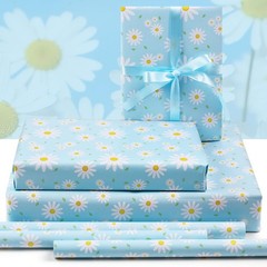 6 Sheets Daisy Wrapping Paper White Yellow Floral Blue Gift Wrap With Ribbon