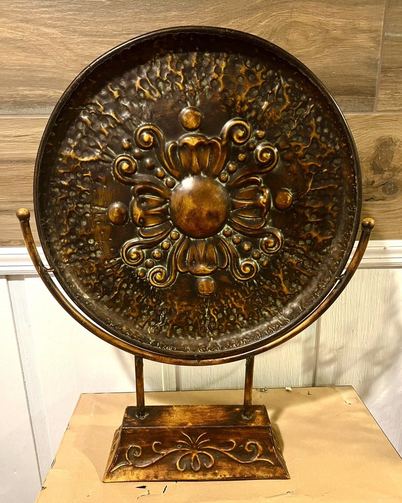Beautiful Large Ornate Metal Medallion on Stand Ombre Brown Hammered Decor 26.5”