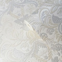 Beige tan silver metallic faux fabric textured floral victorian damask Wallpaper