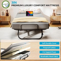 Adults Folding Guest Bed Heavy Duty Portable Bed Sleeping Cot with 6cm Mattress