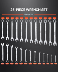 25PC Metric Combination Wrench Set 6–32mm Carbon Steel w/ Roll-Up Pouch