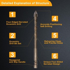 5 Count Four Edged Serrated Eccentric Drill Bit Set,New Four-Flute Sawtooth Ecce