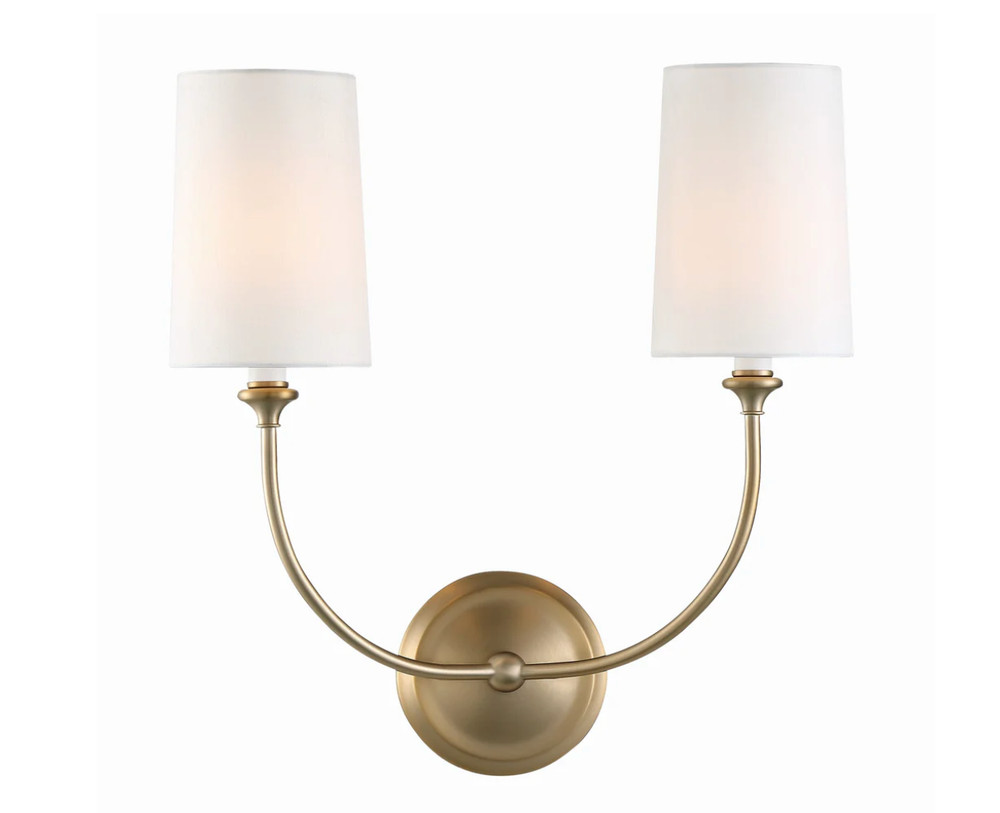 Crystorama Sylvan 15.5″ Double Sconce in Vibrant Gold with Fabric Shades, NIB