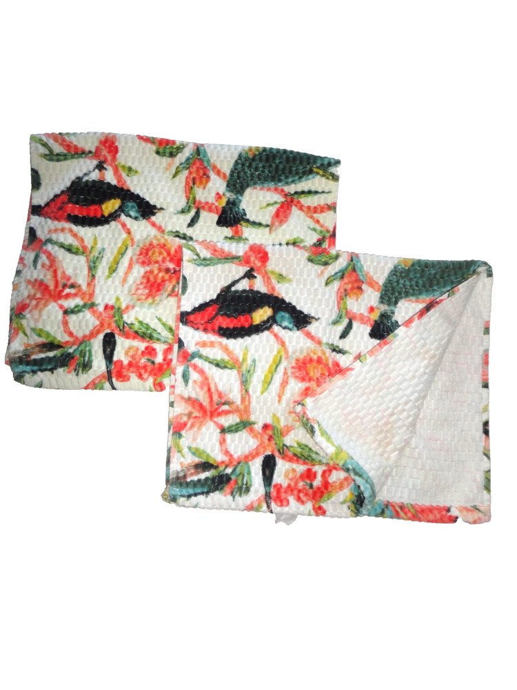OPALHOUSE JUNGALOW FLORAL BIRDS TEAL GREEN YELLOW WHITE (2) hand TOWELs 15×25
