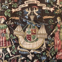 Vintage French Wall Hanging Decor Tapestry Fabric Panel Barques des Amours 24×28