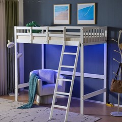 Wood Loft Bed Twin Size with RGB LED 2 Charging Station for Adults Kids Teens