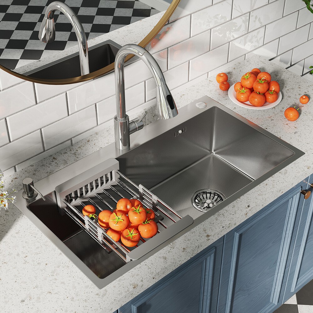 Silver Stainless Steel Kitchen Sink Drop In Top Mount Single Bowl Basin W/Faucet