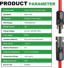 10 AWG Solar Panel Extension Cable PV Wire Solar Connector Pair Black & Red 6mm²