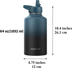 CIVAGO 64 Oz Insulated Water Bottle with Straw, Half Gallon Stainless Steel Spor