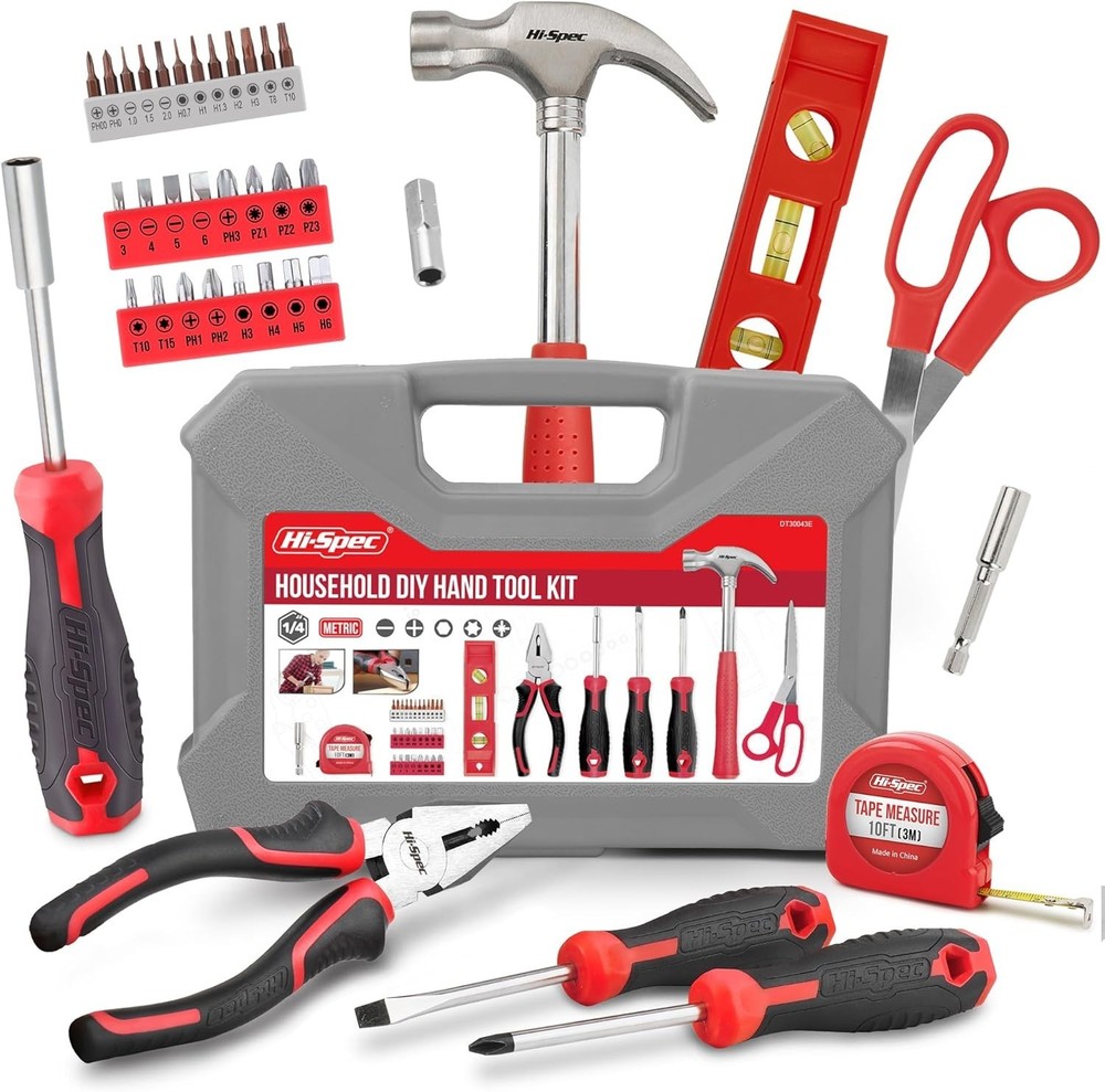 Hi-Spec Red Household Tool Kit Set with Toolbox for Home & Office Repair