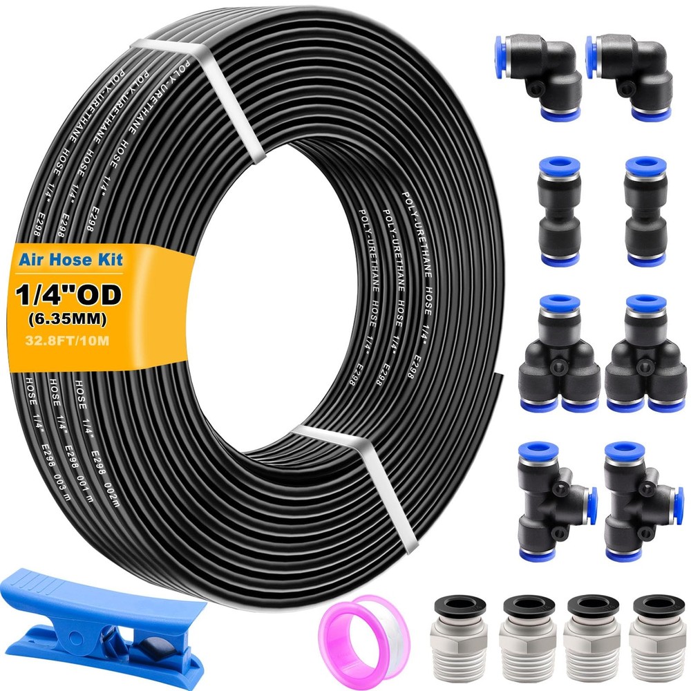 Air Line Tubing Kit,1/4″ Air Hose,1/4″ (6.35MM) OD 32.8FT Polyurethane PU Air